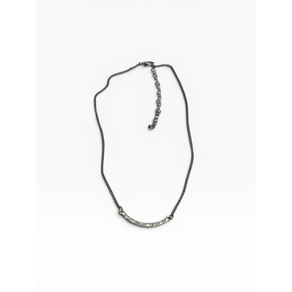 Curved‎ Bar Pendant Necklace Silver Tone Rhinestone Bar